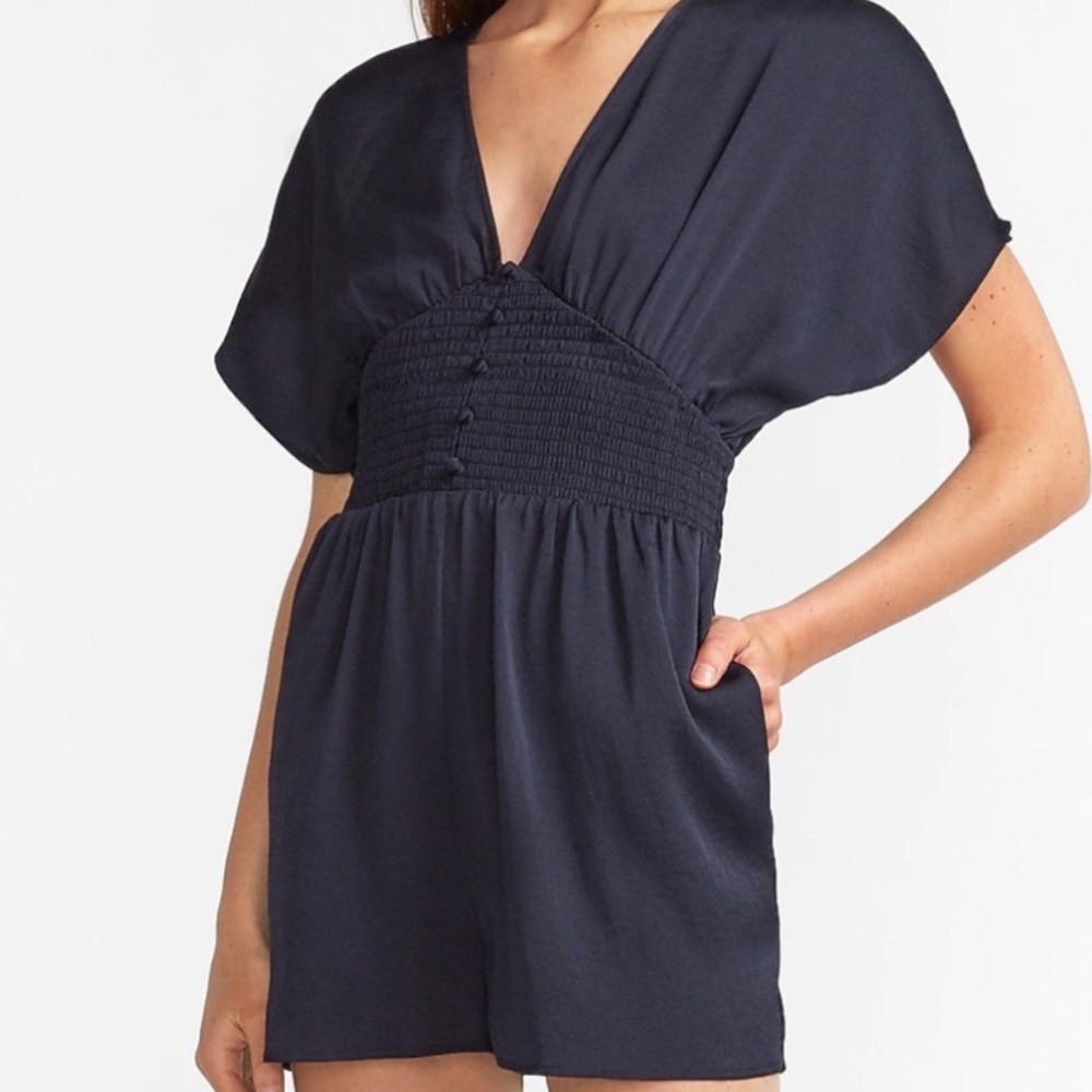 Navy Kimono smocked waist romper